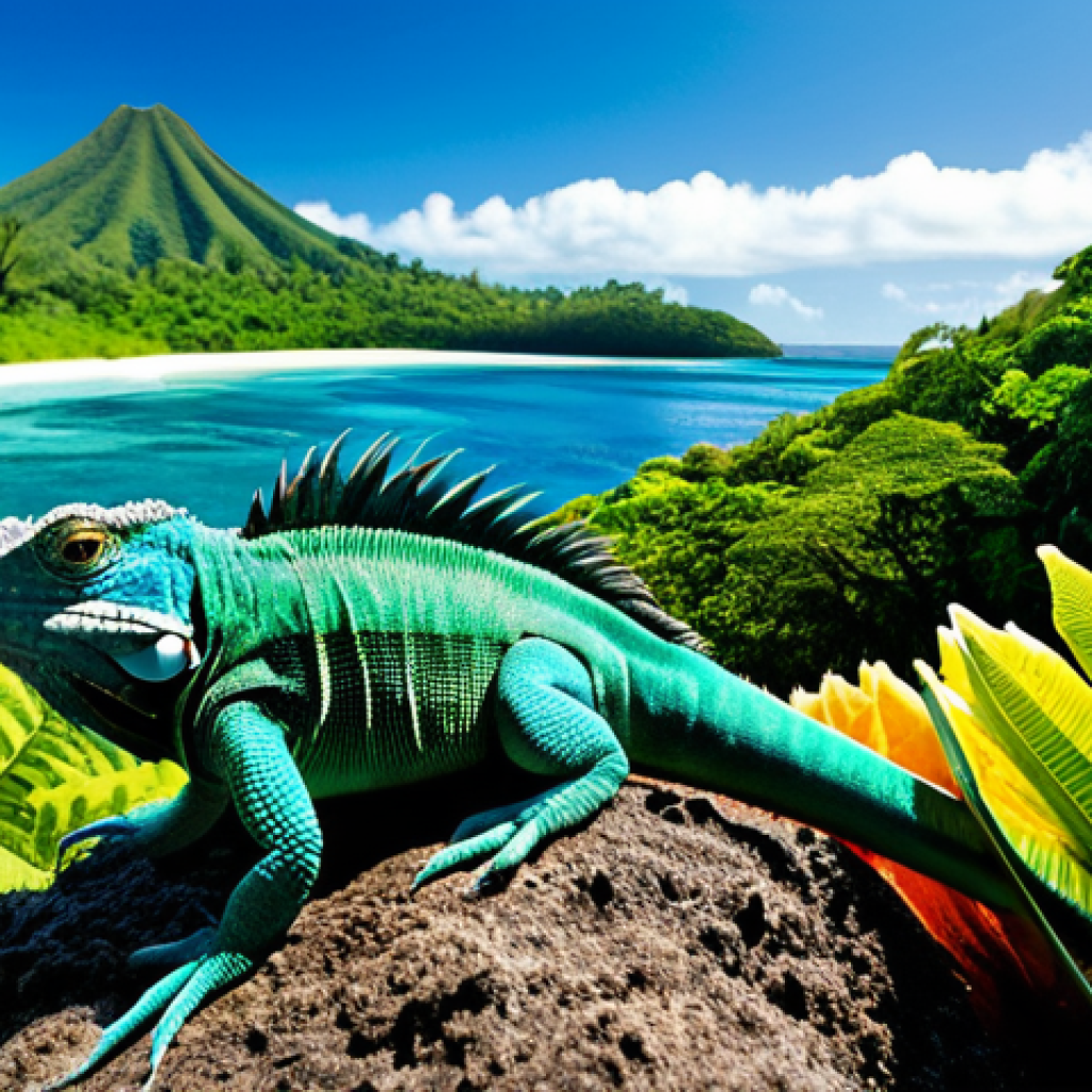 A breathtaking panoramic view of Fiji's unique biodiversity. In the foreground, a vibrant emerald green Fiji Banded Iguana with distinct dark stripes is perched naturally on a lush, tropical fern in a dense rainforest. In the mid-ground, a pristine coral reef ecosystem beneath crystal-clear turquoise waters teems with colorful, unique fish like Fiji Damselfish and Fiji Angelfish, swimming gracefully among intricate coral formations. The background shows distant, verdant volcanic peaks under a soft, natural sky. Professional nature photography, high detail, sharp focus, natural lighting, cinematic quality, safe for work, appropriate content, fully clothed, family-friendly, perfect anatomy, correct proportions, natural pose.