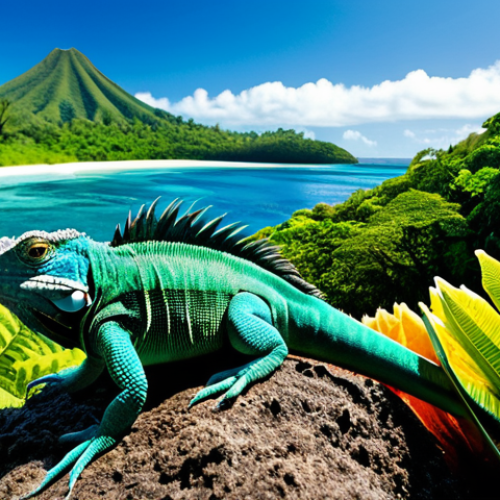A breathtaking panoramic view of Fiji's unique biodiversity. In the foreground, a vibrant emerald green Fiji Banded Iguana with distinct dark stripes is perched naturally on a lush, tropical fern in a dense rainforest. In the mid-ground, a pristine coral reef ecosystem beneath crystal-clear turquoise waters teems with colorful, unique fish like Fiji Damselfish and Fiji Angelfish, swimming gracefully among intricate coral formations. The background shows distant, verdant volcanic peaks under a soft, natural sky. Professional nature photography, high detail, sharp focus, natural lighting, cinematic quality, safe for work, appropriate content, fully clothed, family-friendly, perfect anatomy, correct proportions, natural pose.