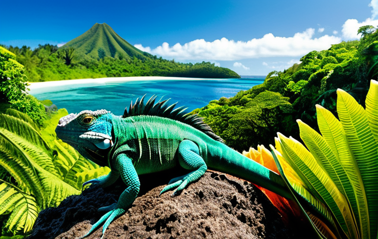 A breathtaking panoramic view of Fiji's unique biodiversity. In the foreground, a vibrant emerald green Fiji Banded Iguana with distinct dark stripes is perched naturally on a lush, tropical fern in a dense rainforest. In the mid-ground, a pristine coral reef ecosystem beneath crystal-clear turquoise waters teems with colorful, unique fish like Fiji Damselfish and Fiji Angelfish, swimming gracefully among intricate coral formations. The background shows distant, verdant volcanic peaks under a soft, natural sky. Professional nature photography, high detail, sharp focus, natural lighting, cinematic quality, safe for work, appropriate content, fully clothed, family-friendly, perfect anatomy, correct proportions, natural pose.