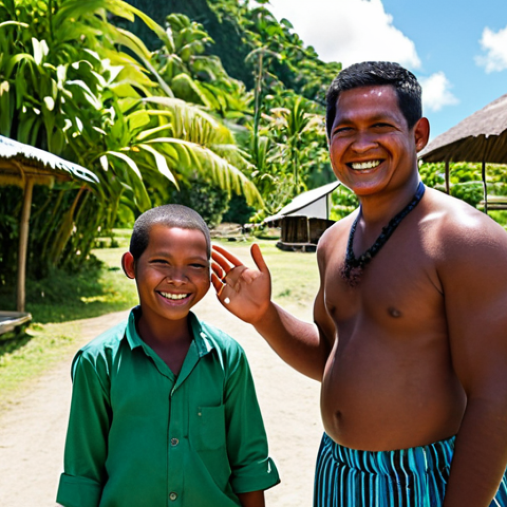 A professional photograph captures a warm interaction in a sunny Fijian village. A friendly Fijian local, fully clothed in a modest, traditional sulu, smiles warmly while greeting a visitor. In the background, a group of happy Fijian children, fully clothed in modest, everyday attire, play cheerfully among traditional bure huts. The scene is bathed in bright natural light, showcasing lush green surroundings. This image embodies respectful cultural exchange and family-friendly atmosphere. safe for work, appropriate content, perfect anatomy, correct proportions, natural pose, well-formed hands, proper finger count, natural body proportions, high quality, ultra-realistic.