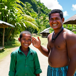 A professional photograph captures a warm interaction in a sunny Fijian village. A friendly Fijian local, fully clothed in a modest, traditional sulu, smiles warmly while greeting a visitor. In the background, a group of happy Fijian children, fully clothed in modest, everyday attire, play cheerfully among traditional bure huts. The scene is bathed in bright natural light, showcasing lush green surroundings. This image embodies respectful cultural exchange and family-friendly atmosphere. safe for work, appropriate content, perfect anatomy, correct proportions, natural pose, well-formed hands, proper finger count, natural body proportions, high quality, ultra-realistic.