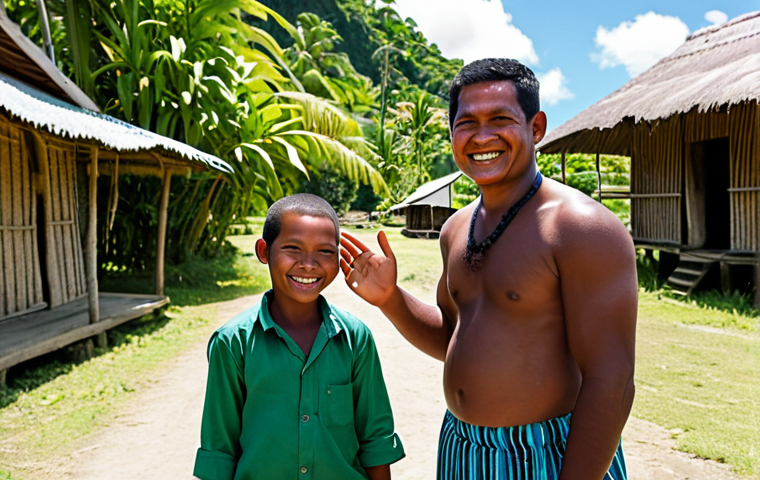A professional photograph captures a warm interaction in a sunny Fijian village. A friendly Fijian local, fully clothed in a modest, traditional sulu, smiles warmly while greeting a visitor. In the background, a group of happy Fijian children, fully clothed in modest, everyday attire, play cheerfully among traditional bure huts. The scene is bathed in bright natural light, showcasing lush green surroundings. This image embodies respectful cultural exchange and family-friendly atmosphere. safe for work, appropriate content, perfect anatomy, correct proportions, natural pose, well-formed hands, proper finger count, natural body proportions, high quality, ultra-realistic.