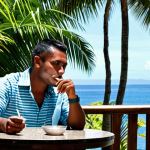 **

A designated smoking area at a Fijian resort. A fully clothed, relaxed tourist enjoys a cigarette at a table with an ashtray. Lush tropical background with palm trees and ocean view. A clear sign indicates "Smoking Area." Safe for work, appropriate content, fully clothed, professional photography, perfect anatomy, natural proportions, modest setting.

**