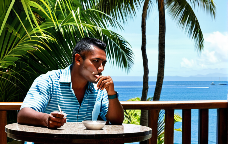 **

A designated smoking area at a Fijian resort. A fully clothed, relaxed tourist enjoys a cigarette at a table with an ashtray. Lush tropical background with palm trees and ocean view. A clear sign indicates "Smoking Area." Safe for work, appropriate content, fully clothed, professional photography, perfect anatomy, natural proportions, modest setting.

**