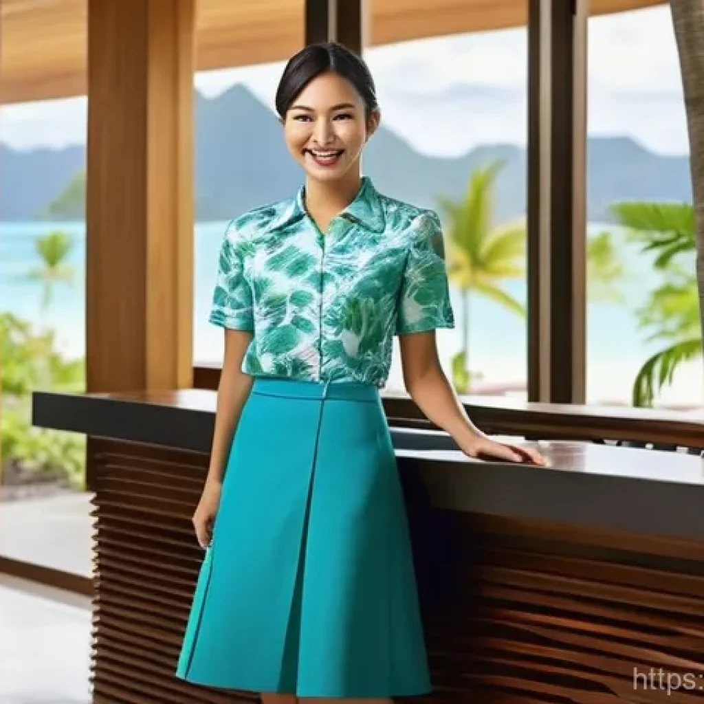 피지의 노동 시장과 취업 - **Prompt:** A young Japanese woman in her late 20s, wearing a chic yet modest resort uniform (e.g., ...