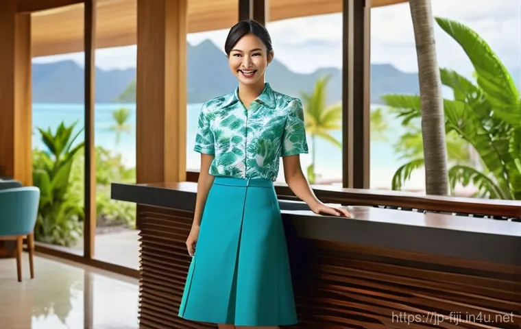 피지의 노동 시장과 취업 - **Prompt:** A young Japanese woman in her late 20s, wearing a chic yet modest resort uniform (e.g., ...