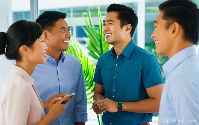 피지의 노동 시장과 취업 - **Prompt:** A young Japanese woman in her late 20s, wearing a chic yet modest resort uniform (e.g., ...