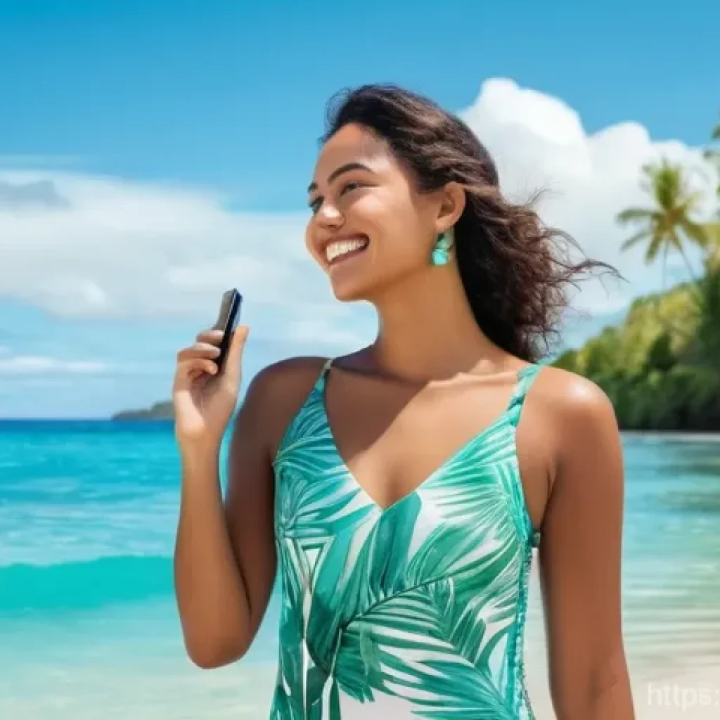 피지에서 인터넷 사용법 - **Prompt 1: Seamless Connectivity on a Fijian Beach**
    A young woman, aged late 20s, with a radia...