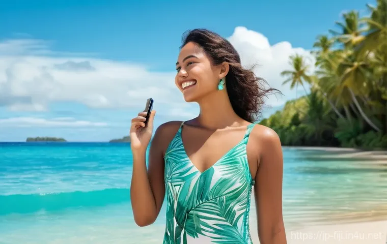 피지에서 인터넷 사용법 - **Prompt 1: Seamless Connectivity on a Fijian Beach**
    A young woman, aged late 20s, with a radia...