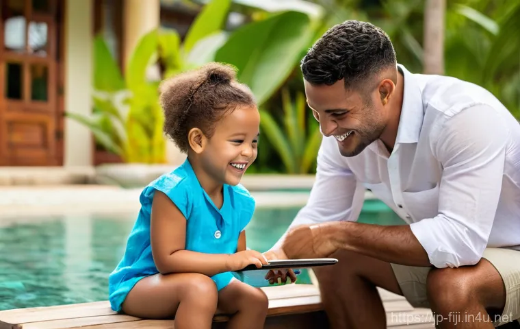 피지에서 인터넷 사용법 - **Prompt 2: Friendly Local SIM Purchase in Fiji**
    A friendly tourist, aged 30s, wearing a casual...