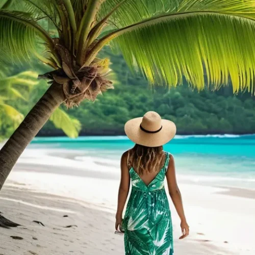 피지 자유여행 vs 패키지여행 - **"A solo female traveler with a backpack, wearing a modest yet stylish summer dress and a wide-brim...