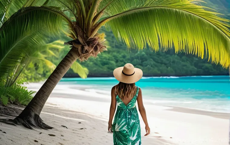 피지 자유여행 vs 패키지여행 - **"A solo female traveler with a backpack, wearing a modest yet stylish summer dress and a wide-brim...