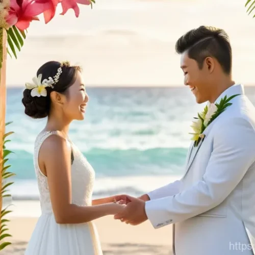 피지에서 결혼하는 법 - A beautiful young Japanese bride and groom are exchanging vows during a romantic beach wedding cerem...