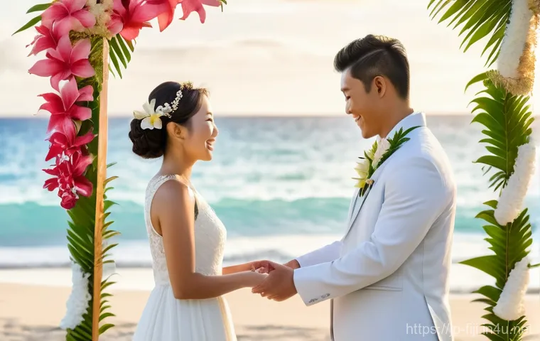 피지에서 결혼하는 법 - A beautiful young Japanese bride and groom are exchanging vows during a romantic beach wedding cerem...