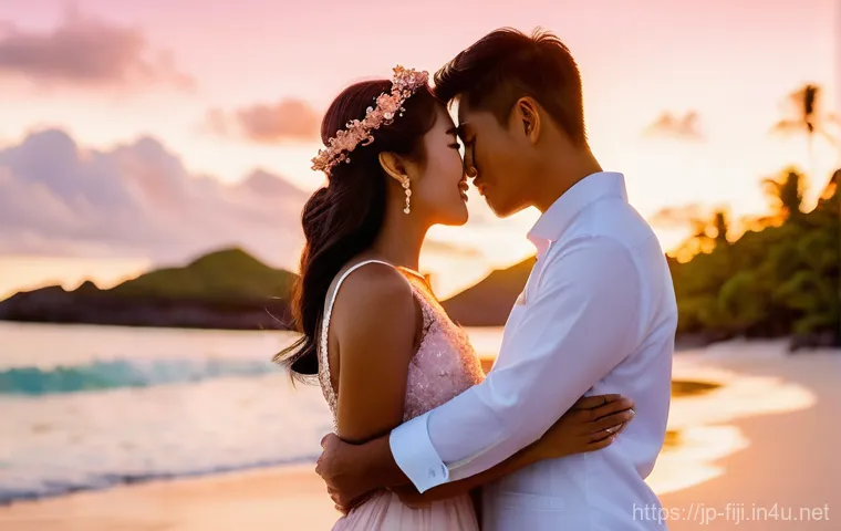 피지에서 결혼하는 법 - A beautiful young Japanese bride and groom are exchanging vows during a romantic beach wedding cerem...
