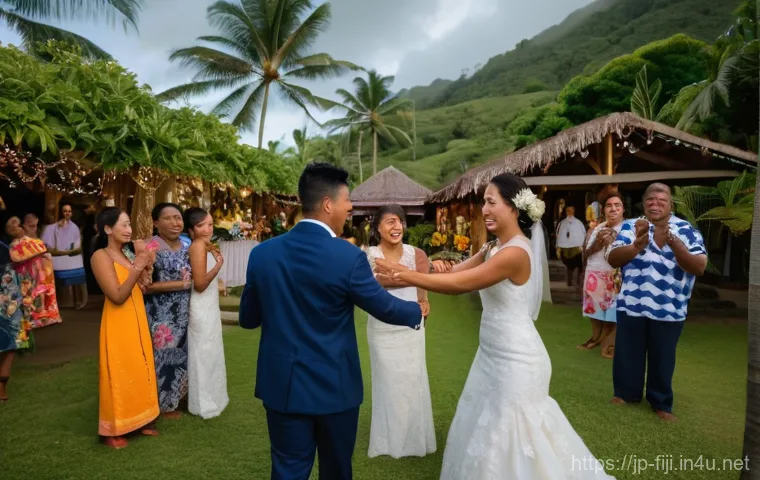 피지에서 결혼하는 법 - A romantic and intimate moment of a young Japanese bride and groom on a secluded white sandy beach i...