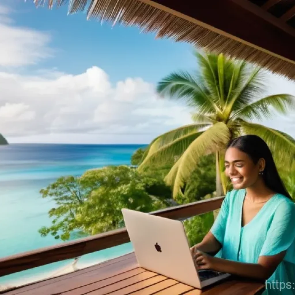 피지에서 한 달 살기 가이드 - **Prompt:** "A serene young woman, dressed in a comfortable yet stylish light linen top and shorts, ...