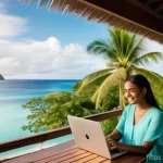 피지에서 한 달 살기 가이드 - **Prompt:** "A serene young woman, dressed in a comfortable yet stylish light linen top and shorts, ...