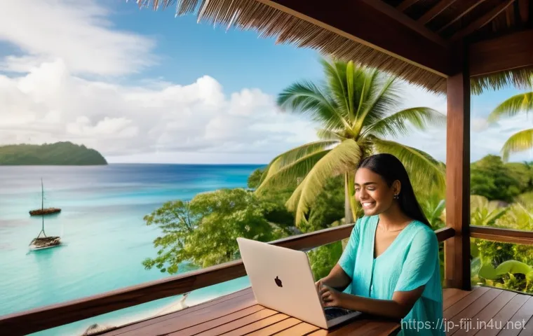 피지에서 한 달 살기 가이드 - **Prompt:** "A serene young woman, dressed in a comfortable yet stylish light linen top and shorts, ...