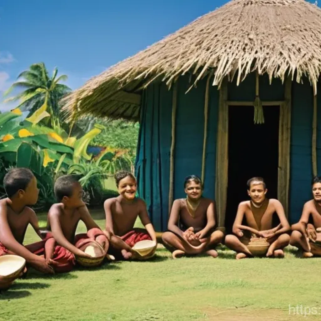 피지 전통 마을 체험 - **Prompt 1: Fijian Village Welcome and Kava Ceremony**
    "A vibrant scene in a traditional Fijian ...