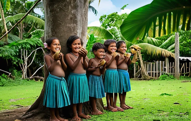 피지 전통 마을 체험 - **Prompt 1: Fijian Village Welcome and Kava Ceremony**
    "A vibrant scene in a traditional Fijian ...