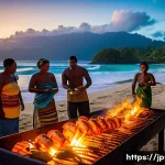 피지 로컬 바베큐 체험 - A vibrant traditional Fijian beach barbecue scene at sunset, showing a diverse group of people gathe...