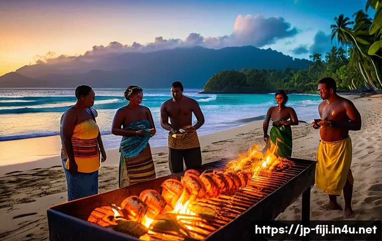 피지 로컬 바베큐 체험 - A vibrant traditional Fijian beach barbecue scene at sunset, showing a diverse group of people gathe...