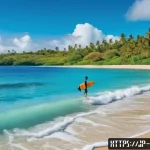 피지 서핑 명소 - A serene beginner surfing spot in Fiji featuring gentle reef breaks with small, stable waves softly ...