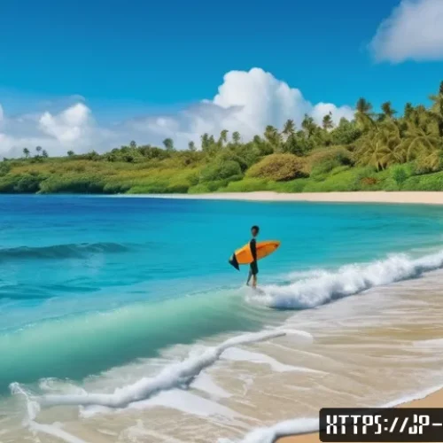 피지 서핑 명소 - A serene beginner surfing spot in Fiji featuring gentle reef breaks with small, stable waves softly ...