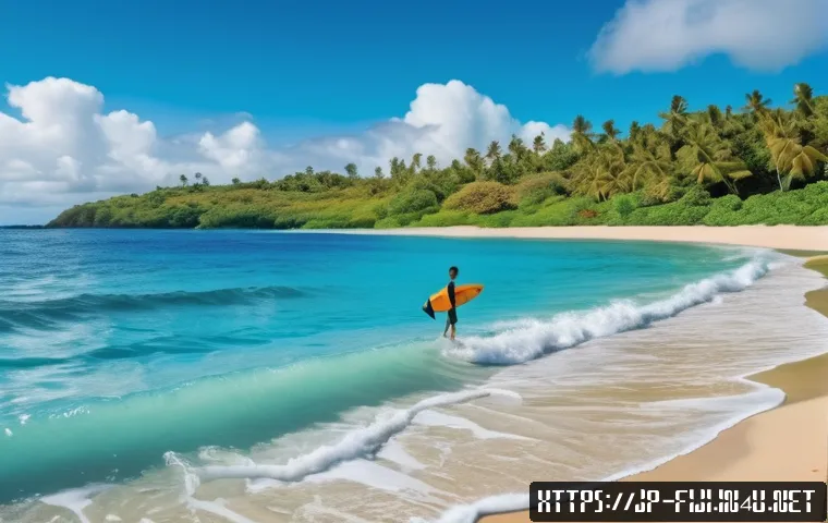 피지 서핑 명소 - A serene beginner surfing spot in Fiji featuring gentle reef breaks with small, stable waves softly ...