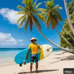 피지에서 서핑하는 법 - A beginner Japanese surfer wearing a colorful rash guard and board shorts, standing on a longboard a...
