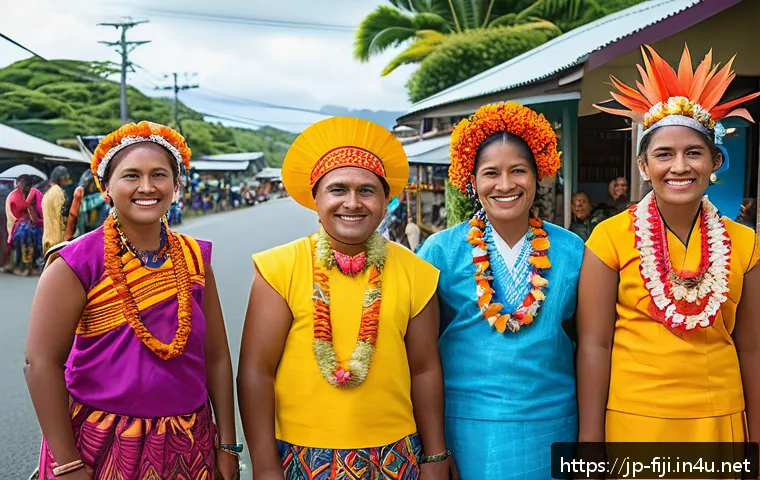 피지의 군사 쿠데타 역사 - A vibrant street scene in Fiji showcasing a diverse group of people representing indigenous iTaukei ...