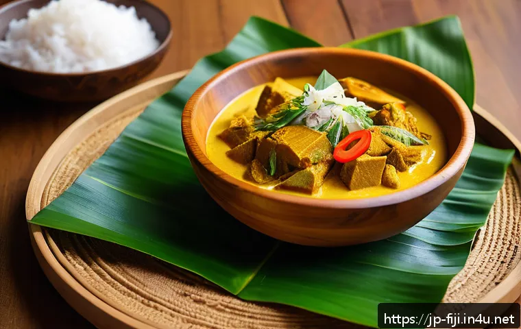 피지에서 추천하는 현지 음식 - A vibrant and colorful Fijian traditional curry dish served in a rustic wooden bowl, featuring a ric...