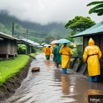 피지 자연재해 및 대처법 - A vibrant tropical village scene in Fiji during a sudden heavy rainstorm, showing local residents in...
