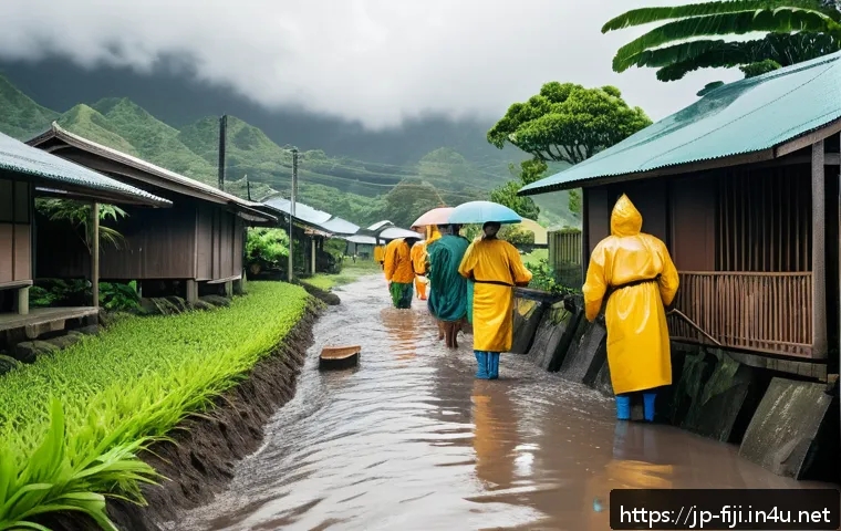 피지 자연재해 및 대처법 - A vibrant tropical village scene in Fiji during a sudden heavy rainstorm, showing local residents in...