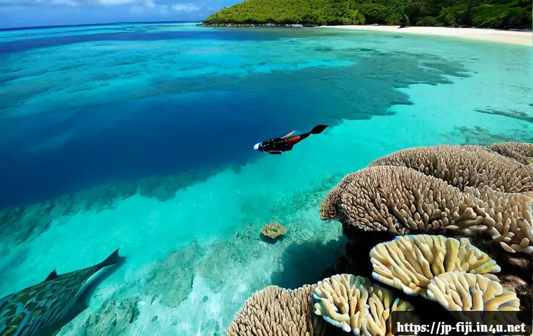 피지 스노클링 최적지 - Photorealistic wide-angle view of a pristine Fiji lagoon at midday, a snorkeler in a modest long-sle...