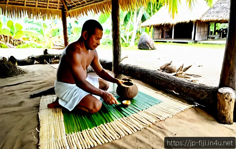 피지의 전통 의술과 치유법 - Photorealistic documentary-style scene of a Fijian traditional healer in modest island clothing prep...