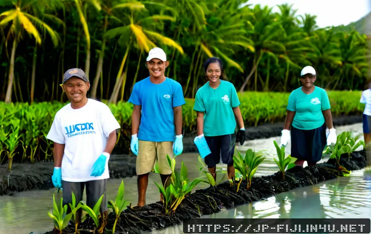 피지에서의 자원봉사 활동 - Photorealistic community volunteering scene in a rural Fijian village, diverse adult volunteers and ...