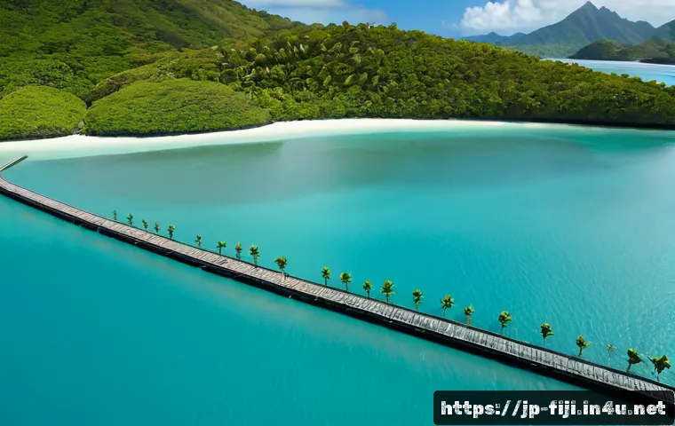 피지의 환경 보호 정책 - Photorealistic aerial view of Fiji’s protected coastal mangrove forest meeting clear turquoise ocean...